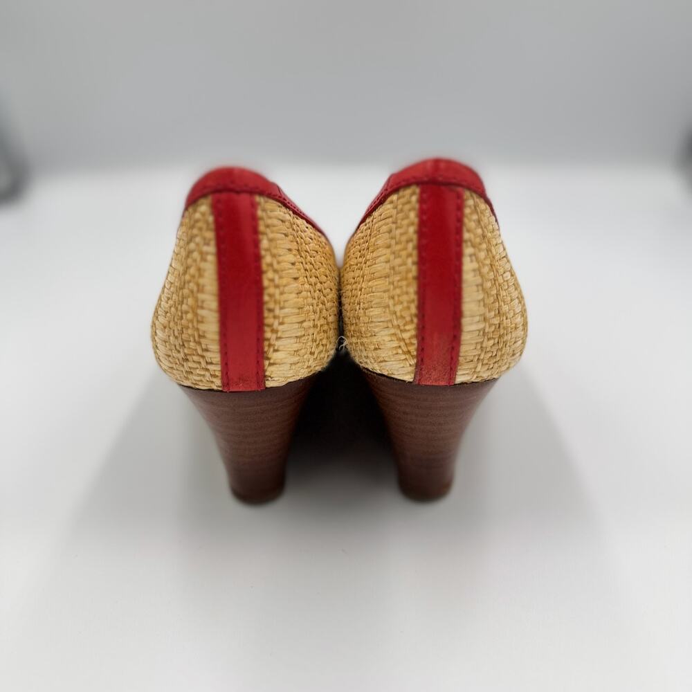 Tory Burch Reva Raffia Wedge Pumps 8M Straw Woven Red Logo Coastal Resort Shoes - Picture 12 of 16